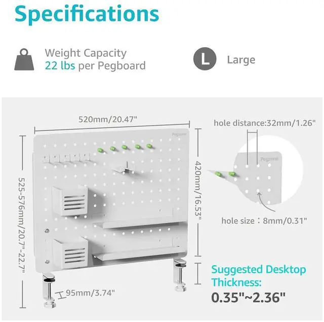 Alt view image 5 of 7 - Clamp on Desk Pegboard, 20.4" x 16.5", with 15 Accessories, White | Magnetic Metal Peg Board, Desk Organizer for Office Gaming Home, Privacy Panel, Large
