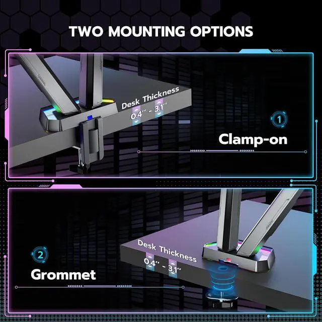 Alt view image 6 of 7 - RGB Dual Monitor Arm for 17-38" Ultrawide Screens, Holds 35.2lbs, Heavy Duty Dual Monitor Stand for Desk, Adjustable Double Mount with Clamp & Grommet Base, 75/100 VESA Mount, Gray