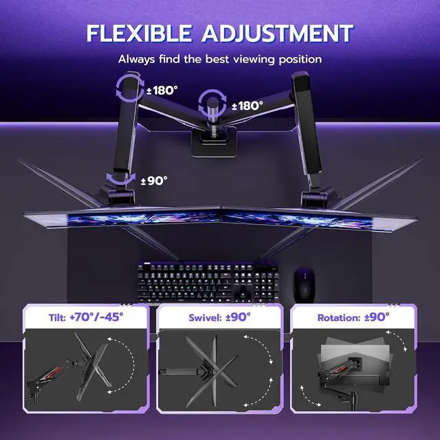 Alt view image 5 of 7 - Premium Monitor Arm, Ultrawide Monitor Stand up to 57'' and 60 Lbs per Screen, Heavy Duty Gas Sprinq Dual Monitor Mount Adjustable Arms, Various VESA Mount with Clamp/Grommet Base
