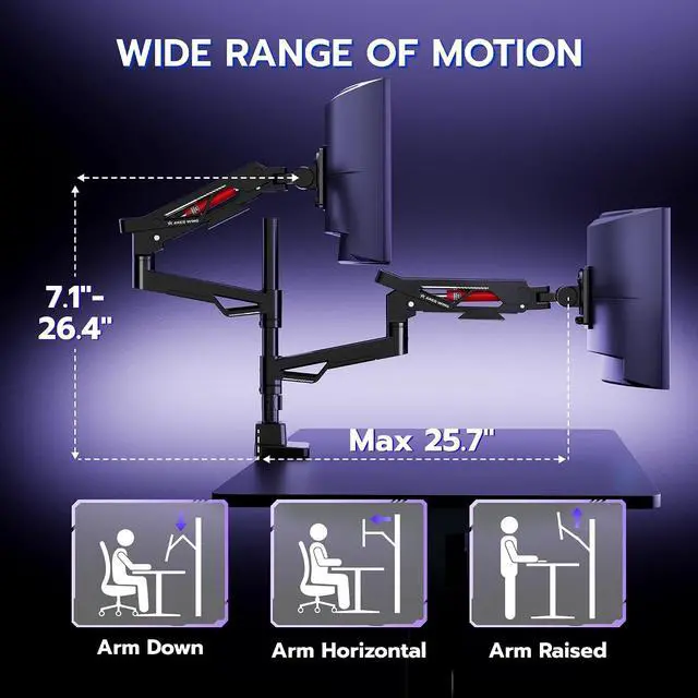 Alt view image 6 of 7 - Premium Monitor Arm, Ultrawide Monitor Stand up to 57'' and 60 Lbs per Screen, Heavy Duty Gas Sprinq Dual Monitor Mount Adjustable Arms, Various VESA Mount with Clamp/Grommet Base