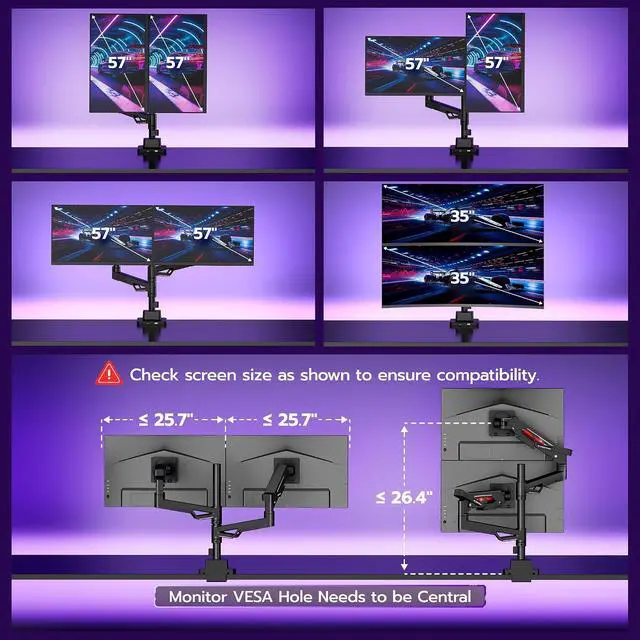 Alt view image 3 of 7 - Premium Monitor Arm, Ultrawide Monitor Stand up to 57'' and 60 Lbs per Screen, Heavy Duty Gas Sprinq Dual Monitor Mount Adjustable Arms with USB, Various VESA Mount with Clamp/Grommet Base