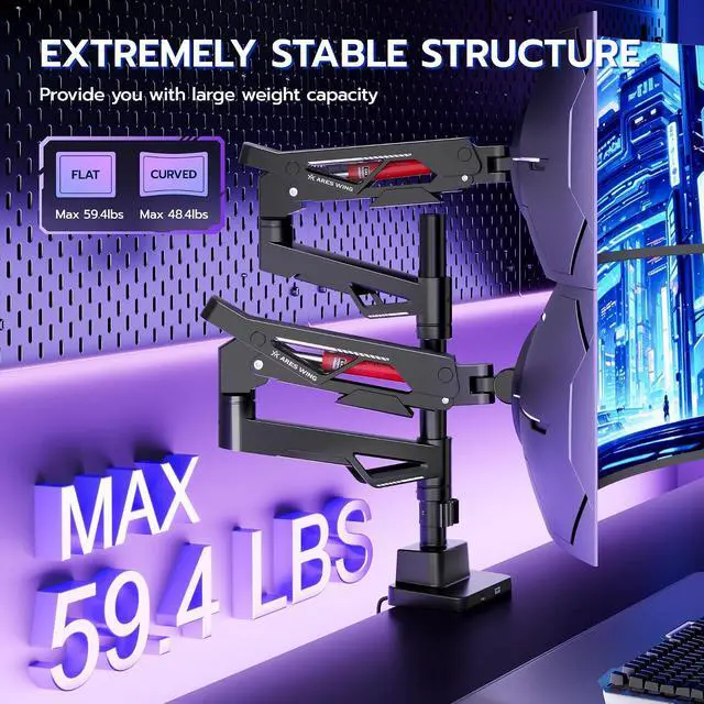 Alt view image 4 of 7 - Premium Monitor Arm, Ultrawide Monitor Stand up to 57'' and 60 Lbs per Screen, Heavy Duty Gas Sprinq Dual Monitor Mount Adjustable Arms with USB, Various VESA Mount with Clamp/Grommet Base