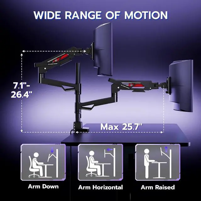 Alt view image 6 of 7 - Premium Monitor Arm, Ultrawide Monitor Stand up to 57'' and 60 Lbs per Screen, Heavy Duty Gas Sprinq Dual Monitor Mount Adjustable Arms with USB, Various VESA Mount with Clamp/Grommet Base