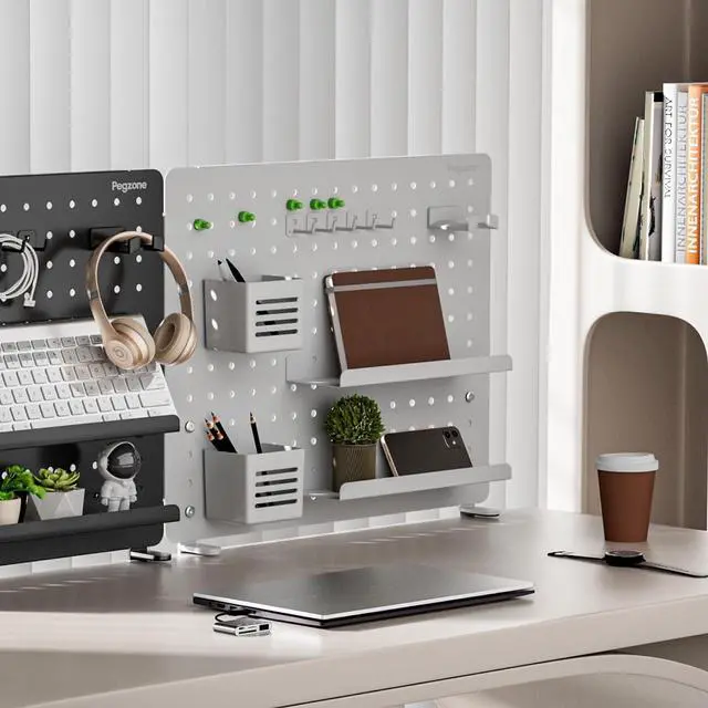 Alt view image 6 of 7 - Clamp on Desk Pegboard, 20.4" x 16.5", with 15 Accessories, White | Magnetic Metal Peg Board, Desk Organizer for Office Gaming Home, Privacy Panel, Large