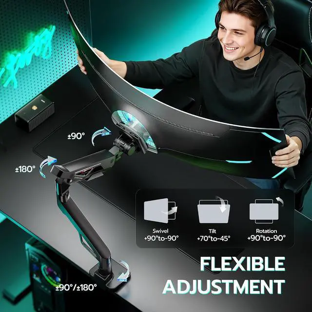 Alt view image 4 of 7 - Premium Monitor Arm, Ultrawide Monitor Stand up to 57 and 66 Lbs, Gas Sprinq Monitor Mount Height Adjustable and Extension Monitor Stand for Desk Various VESA Mount with Clamp/Grommet Base
