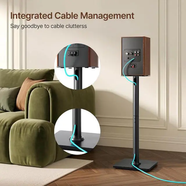 Alt view image 6 of 7 - Speaker Stands Pair, 30" Fixed Height, 55lbs Weight Capacity, 11.8" Base, Cable Management, Freestanding Speaker Floor Stand for Surround Sound,Wooden Base