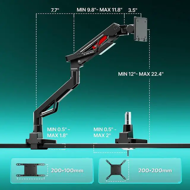 Alt view image 6 of 7 - Premium Monitor Arm, Ultrawide Monitor Stand up to 57 and 66 Lbs, Gas Sprinq Monitor Mount Height Adjustable and Extension Monitor Stand for Desk Various VESA Mount with Clamp/Grommet Base