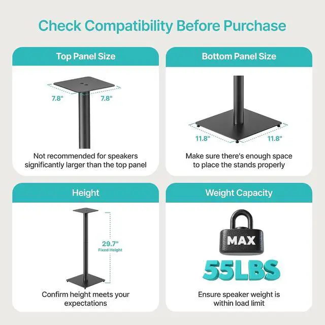 Alt view image 7 of 7 - Speaker Stands Pair, 30" Fixed Height, 55lbs Weight Capacity, 11.8" Base, Cable Management, Freestanding Speaker Floor Stand for Surround Sound, Metal Base