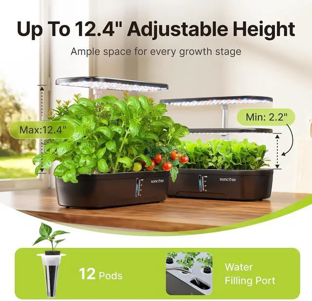 Alt view image 3 of 7 - Hydroponics Growing System Kit 12 Pods, Indoor herb Garden with 20W LED Grow Light, Visible Water Tank with Pump, 2.2"-12.4" Adjustable Height Indoor Gardening System, Gardening Gifts, Black
