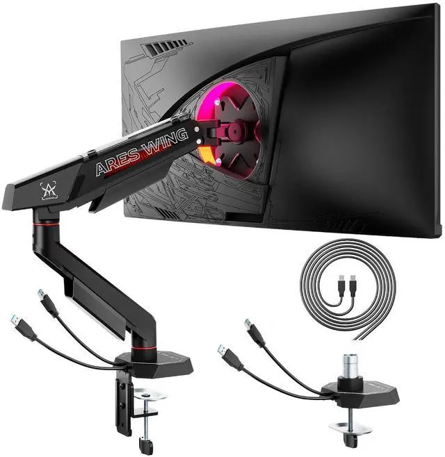 Main image of Heavy Duty Single Monitor Arm, Fully Adjustable Single Monitor Mount for 17-40 Inch Flat Curved Ultrawide Screens Up to 26.5lbs with USB A/C, C-Clamp & Grommet Base, 75/100 Vesa Mount, Black