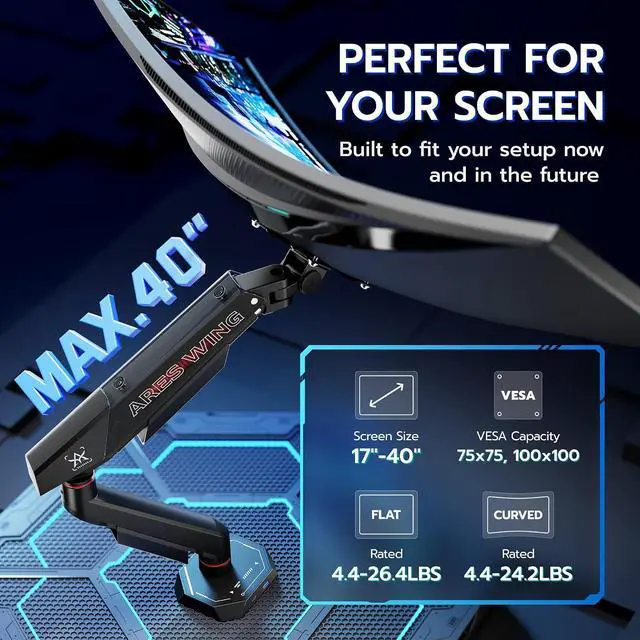 Alt view image 2 of 7 - Heavy Duty Single Monitor Arm, Fully Adjustable Single Monitor Mount for 17-40 Inch Flat Curved Ultrawide Screens Up to 26.5lbs with USB A/C, C-Clamp & Grommet Base, 75/100 Vesa Mount, Black