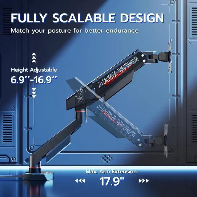 Alt view image 4 of 7 - Heavy Duty Single Monitor Arm, Fully Adjustable Single Monitor Mount for 17-40 Inch Flat Curved Ultrawide Screens Up to 26.5lbs with USB A/C, C-Clamp & Grommet Base, 75/100 Vesa Mount, Black