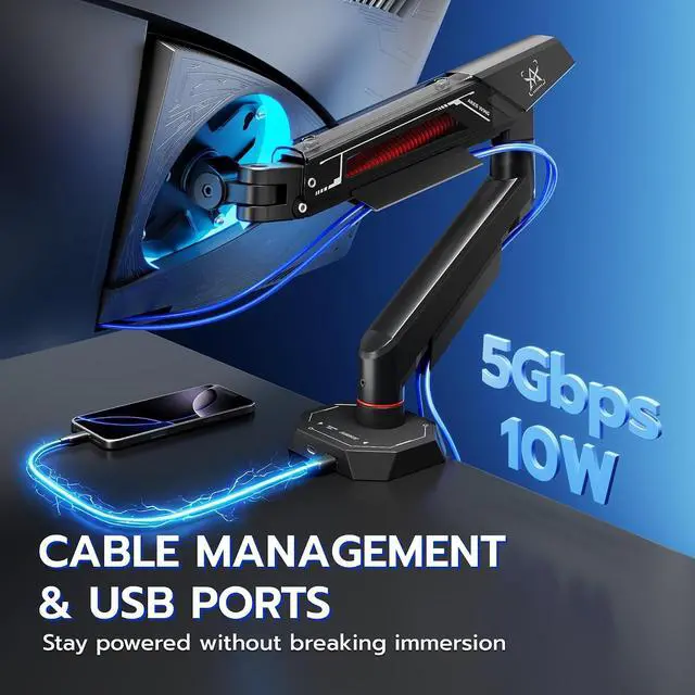 Alt view image 5 of 7 - Heavy Duty Single Monitor Arm, Fully Adjustable Single Monitor Mount for 17-40 Inch Flat Curved Ultrawide Screens Up to 26.5lbs with USB A/C, C-Clamp & Grommet Base, 75/100 Vesa Mount, Black