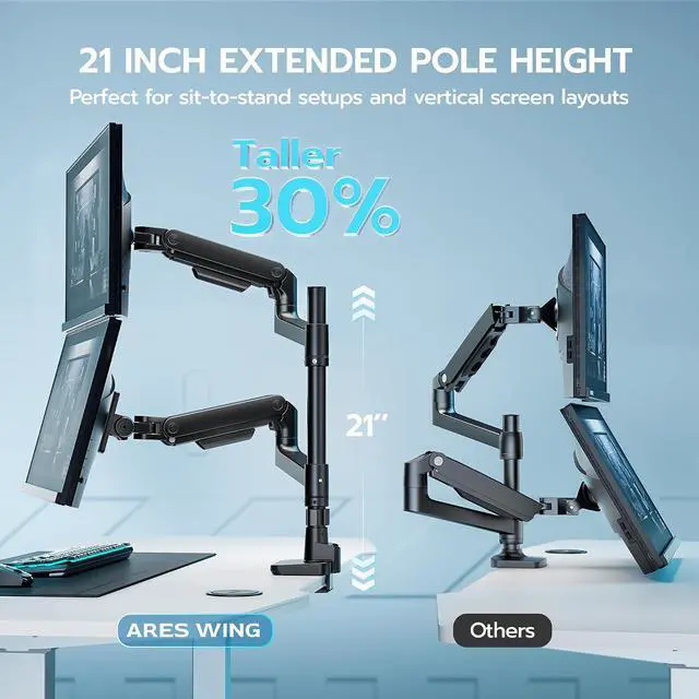 Alt view image 3 of 7 - Dual Extra Tall Monitor Arm Desk Mount for 17-49 inch Ultrawide Monitors, Heavy Duty Monitor Mount Holds 44 lbs, Full Motion Gas Spring Vertical Monitor Mount, 75/100 VESA Mount, Black