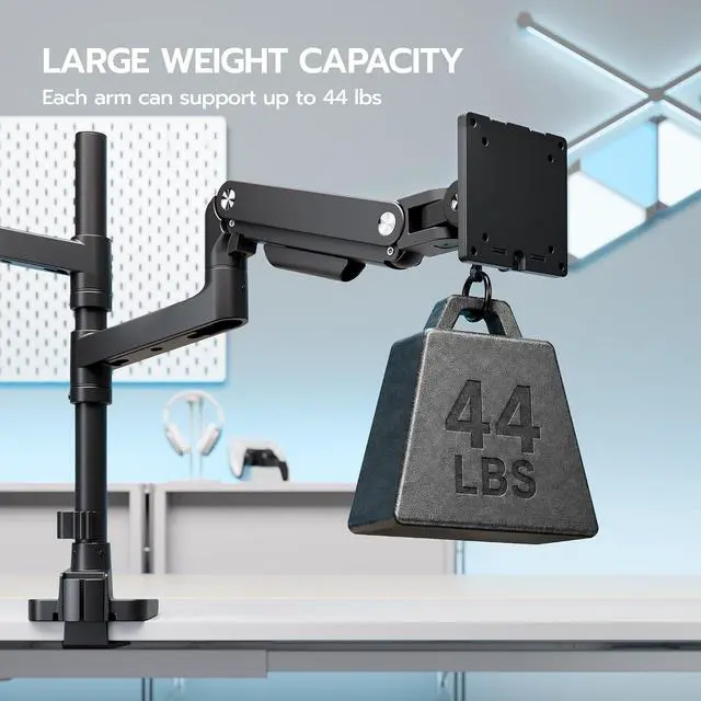 Alt view image 5 of 7 - Dual Extra Tall Monitor Arm Desk Mount for 17-49 inch Ultrawide Monitors, Heavy Duty Monitor Mount Holds 44 lbs, Full Motion Gas Spring Vertical Monitor Mount, 75/100 VESA Mount, Black
