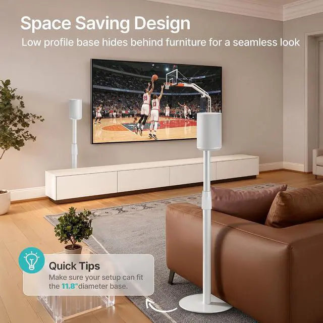 Alt view image 4 of 7 - Speaker Stands Pair Compatible with Sonos Era 100 and Era 300, Height-Adjustable from 26.9"-42", Cable Management, 11lbs Capacity, White, 2 Pack(1 Pair)