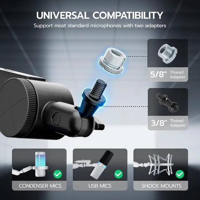 Alt view image 6 of 7 - Aluminum Microphone Boom Arm with RGB Light and Volume Control, Adjustable Mic Arm Desk Mount with 3/8 to 5/8 Screw Adapter, Suspension Scissor Mic Stand for Gaming Streaming Podcasting