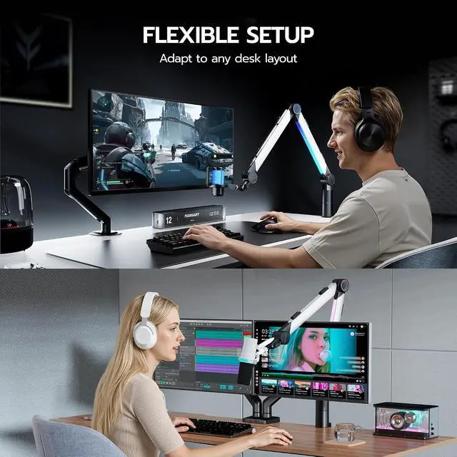 Alt view image 5 of 7 - Aluminum Microphone Boom Arm with RGB Light and Volume Control, Adjustable Mic Arm Desk Mount with 3/8 to 5/8 Screw Adapter, Suspension Scissor Mic Stand for Gaming Streaming Podcasting
