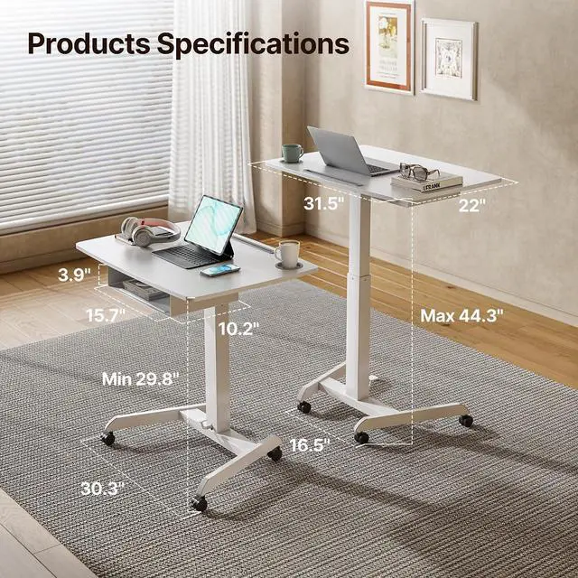 Alt view image 3 of 7 - Mobile Desk Workstation- 31.5' X 22' Extend Sanding Desk for Classroom, Height Adjsutable up to 44.3' Mobile Laptop Table with Wheels, Moveable Laptop Cart, Teacher Podium with Drawer, White