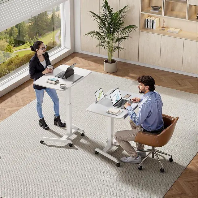 Alt view image 2 of 7 - Mobile Desk Workstation- 31.5' X 22' Extend Sanding Desk for Classroom, Height Adjsutable up to 44.3' Mobile Laptop Table with Wheels, Moveable Laptop Cart, Teacher Podium with Drawer, White