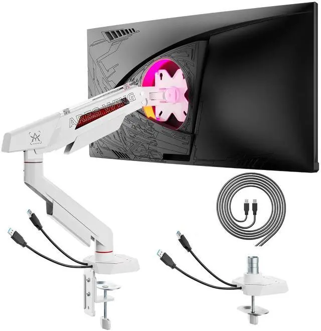 Main image of Heavy Duty Single Monitor Arm, Fully Adjustable Single Monitor Mount for 17-40 Inch Flat Curved Ultrawide Screens Up to 26.5lbs with USB A/C, C-Clamp & Grommet Base, 75/100 Vesa Mount, White