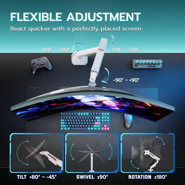 Alt view image 3 of 7 - Heavy Duty Single Monitor Arm, Fully Adjustable Single Monitor Mount for 17-40 Inch Flat Curved Ultrawide Screens Up to 26.5lbs with USB A/C, C-Clamp & Grommet Base, 75/100 Vesa Mount, White