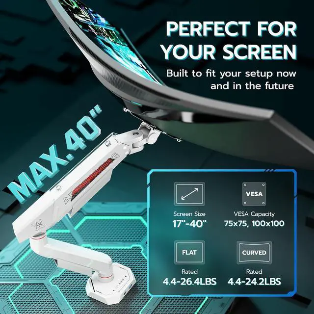 Alt view image 2 of 7 - Heavy Duty Single Monitor Arm, Fully Adjustable Single Monitor Mount for 17-40 Inch Flat Curved Ultrawide Screens Up to 26.5lbs with USB A/C, C-Clamp & Grommet Base, 75/100 Vesa Mount, White