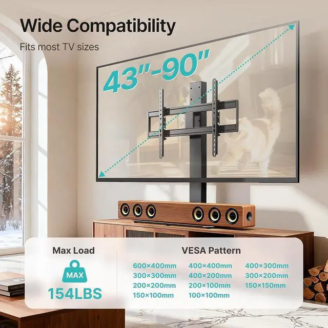 Alt view image 2 of 7 - Universal TV Stand Swivel 43-90'' TVs, Holds 154 lbs, Height Adjustable Large Table top tv Stand, VESA MAX 600x400mm