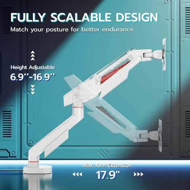 Alt view image 4 of 7 - Heavy Duty Single Monitor Arm, Fully Adjustable Single Monitor Mount for 17-40 Inch Flat Curved Ultrawide Screens Up to 26.5lbs with USB A/C, C-Clamp & Grommet Base, 75/100 Vesa Mount, White