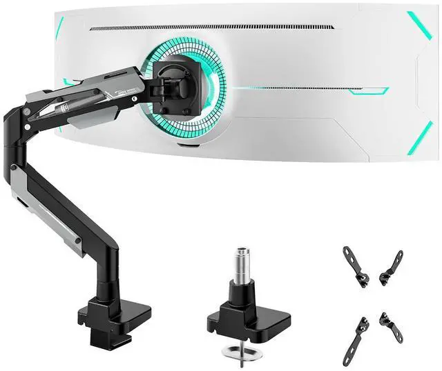 Main image of Heavy Duty Single Monitor Arm - Gas Spring Aluminum Monitor Mount for 24"-57" Ultrawide Screens up to 66 lbs with Clamp/Grommet Desk Mount, 75/100/200 Vesa Mount, Black