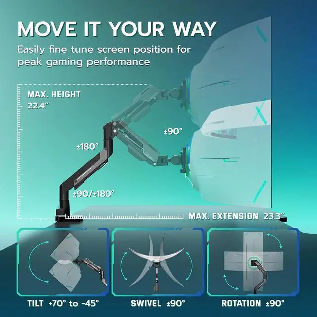 Alt view image 7 of 7 - Heavy Duty Single Monitor Arm - Gas Spring Aluminum Monitor Mount for 24"-57" Ultrawide Screens up to 66 lbs with Clamp/Grommet Desk Mount, 75/100/200 Vesa Mount, Black