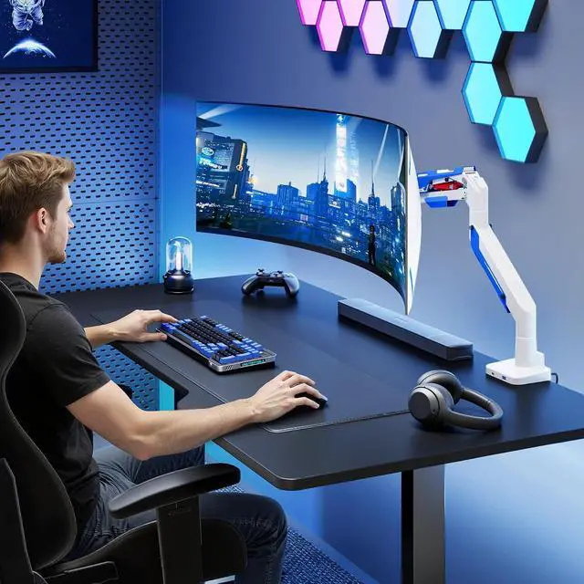 Alt view image 2 of 7 - Heavy Duty Ultrawide Monitor Arm - Gas Spring Aluminum Monitor Mount with USB for 24"-57" Curved Screens up to 66 lbs with Clamp/Grommet Desk Mount, 75/100/200 Vesa Mount, White