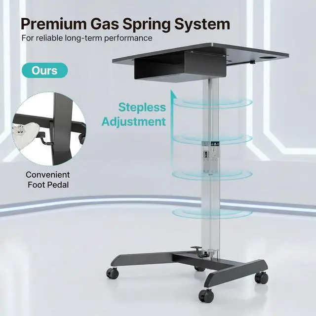 Alt view image 5 of 7 - Mobile Desk Workstation- 31.5' X 22' Extend Sanding Desk for Classroom, Height Adjsutable up to 44.3' Mobile Laptop Table with Wheels, Moveable Laptop Cart, Teacher Podium with Drawer, Black