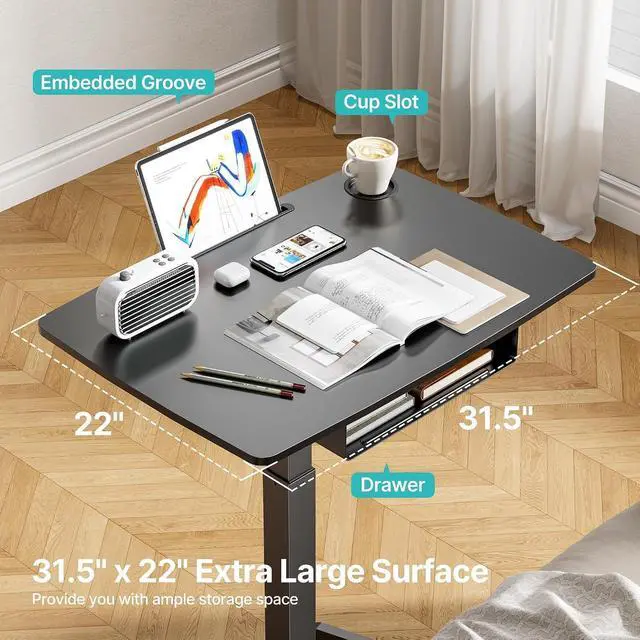 Alt view image 4 of 7 - Mobile Desk Workstation- 31.5' X 22' Extend Sanding Desk for Classroom, Height Adjsutable up to 44.3' Mobile Laptop Table with Wheels, Moveable Laptop Cart, Teacher Podium with Drawer, Black