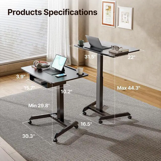 Alt view image 3 of 7 - Mobile Desk Workstation- 31.5' X 22' Extend Sanding Desk for Classroom, Height Adjsutable up to 44.3' Mobile Laptop Table with Wheels, Moveable Laptop Cart, Teacher Podium with Drawer, Black