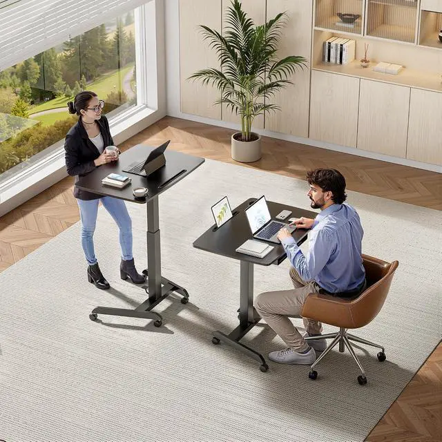 Alt view image 2 of 7 - Mobile Desk Workstation- 31.5' X 22' Extend Sanding Desk for Classroom, Height Adjsutable up to 44.3' Mobile Laptop Table with Wheels, Moveable Laptop Cart, Teacher Podium with Drawer, Black