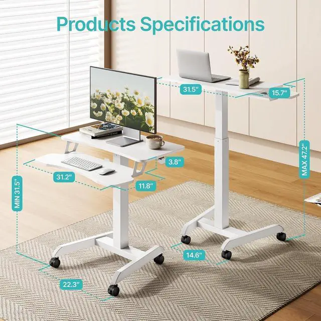 Alt view image 3 of 7 - Standing Rolling Desk with Keyboard Tray, Laptop Cart with Wheels, Adjustable Height Portable Computer Workstation Cart for Classroom, Office