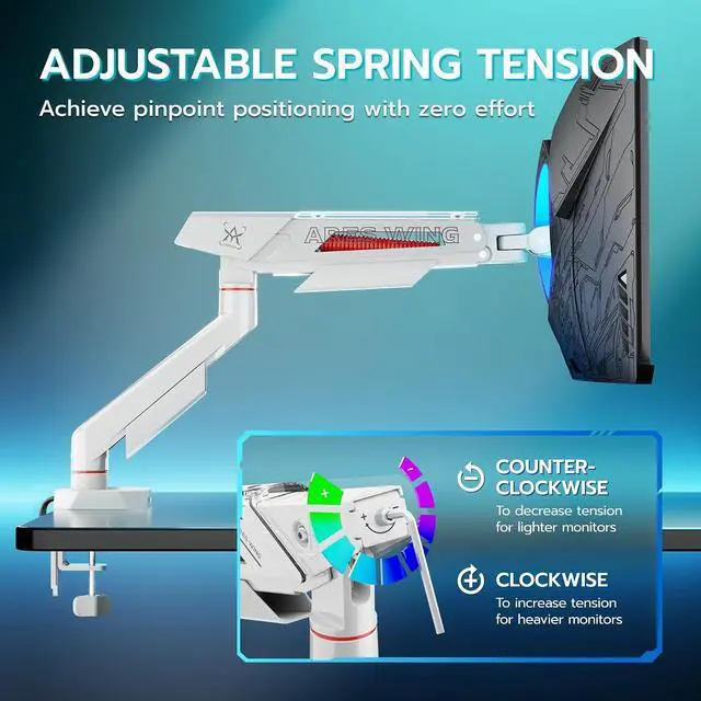 Alt view image 7 of 7 - Heavy Duty Single Monitor Arm, Fully Adjustable Single Monitor Mount for 17-40 Inch Flat Curved Ultrawide Screens Up to 26.5lbs with USB A/C, C-Clamp & Grommet Base, 75/100 Vesa Mount, White