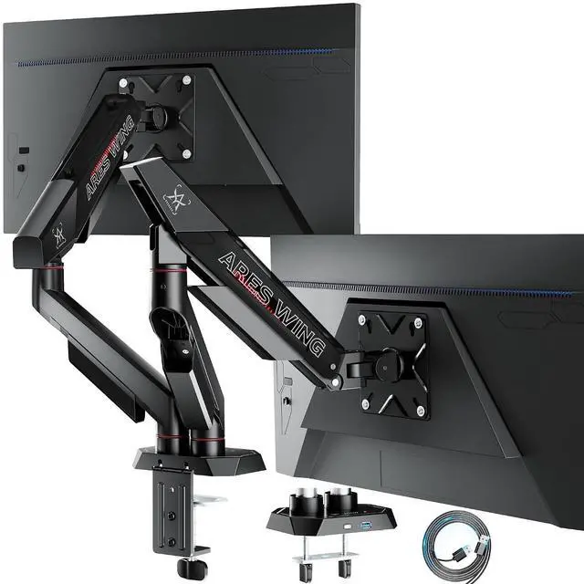 Main image of Heavy Duty Dual Monitor Arm, Fully Adjustable Monitor Mount for 17-35 Inch Flat Curved Ultrawide Screens Up to 26.5lbs with USB A/C, C-Clamp & Grommet Base, 75/100 Vesa Mount, Black