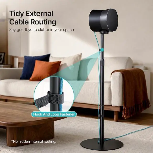 Alt view image 3 of 7 - Speaker Stands Pair for Sonos Era 100, 100 SL, 300, External Cable, Black | Only compatible with Sonos Era Series. External cable management with securing straps. 31.4"42" lockable height.