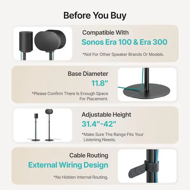 Alt view image 4 of 7 - Speaker Stands Pair for Sonos Era 100, 100 SL, 300, External Cable, Black | Only compatible with Sonos Era Series. External cable management with securing straps. 31.4"42" lockable height.