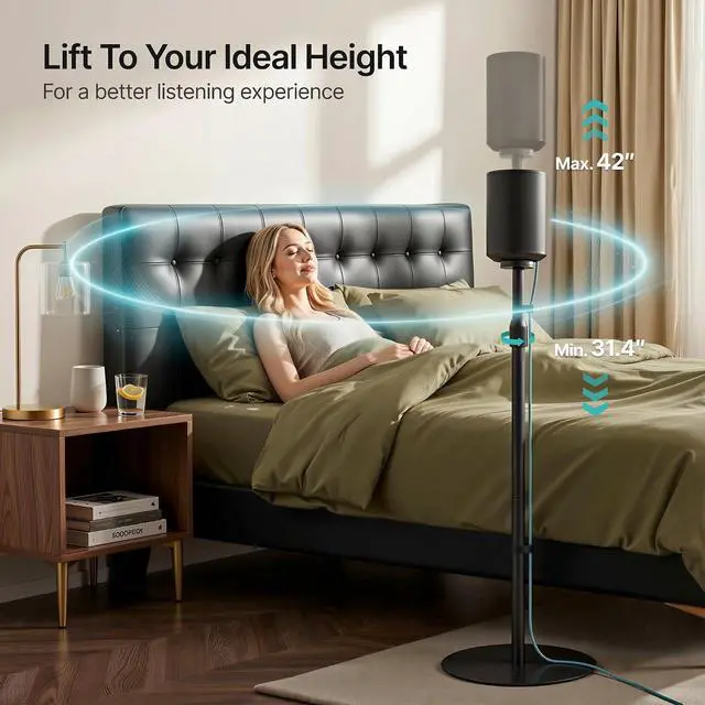 Alt view image 6 of 7 - Speaker Stands Pair for Sonos Era 100, 100 SL, 300, External Cable, Black | Only compatible with Sonos Era Series. External cable management with securing straps. 31.4"42" lockable height.