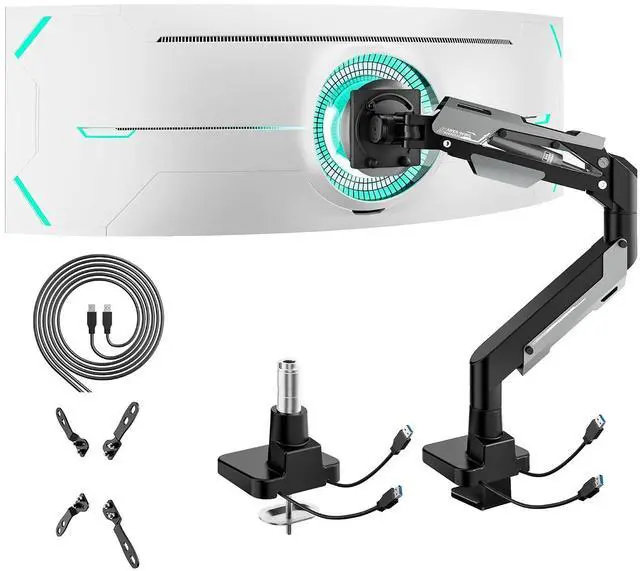 Main image of Heavy Duty Ultrawide Monitor Arm - Gas Spring Aluminum Monitor Mount with USB for 24"-57" Curved Screens up to 66 lbs with Clamp/Grommet Desk Mount, 75/100/200 Vesa Mount, Black