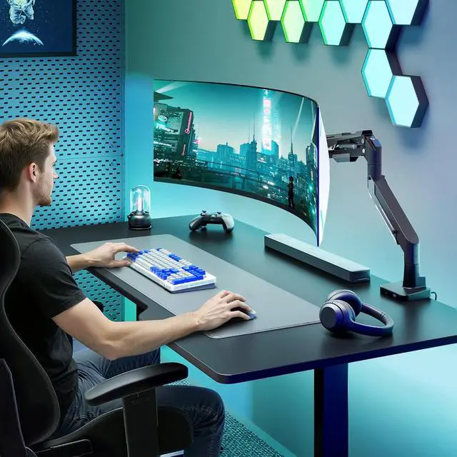 Alt view image 2 of 7 - Heavy Duty Ultrawide Monitor Arm - Gas Spring Aluminum Monitor Mount with USB for 24"-57" Curved Screens up to 66 lbs with Clamp/Grommet Desk Mount, 75/100/200 Vesa Mount, Black