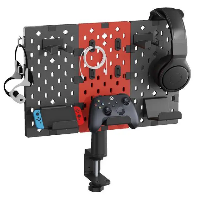 Alt view image 6 of 7 - Desk Side Storage Organizer No Drill Under Desk Laptop Holder Bundle with Clamp on Pegboard Storage for Controller Headset