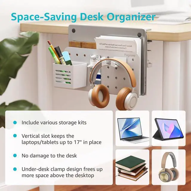 Alt view image 5 of 7 - Desk Side Storage Organizer No Drill Under Desk Laptop Holder Bundle with Clamp on Pegboard Storage for Controller Headset