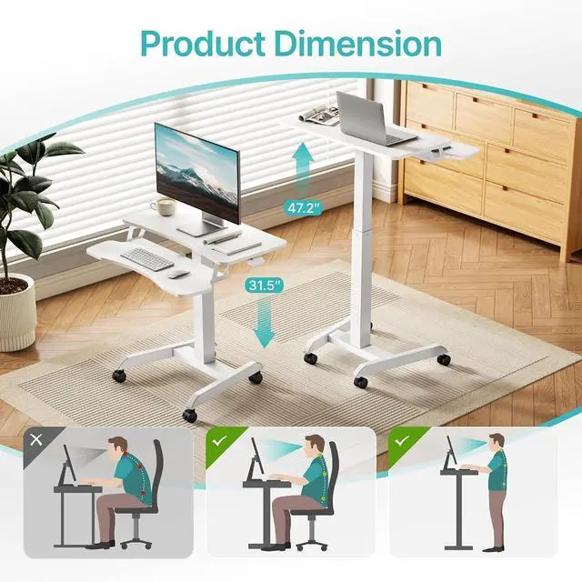 Alt view image 6 of 7 - Standing Rolling Desk with Keyboard Tray, Laptop Cart with Wheels, Adjustable Height Portable Computer Workstation Cart for Classroom, Office