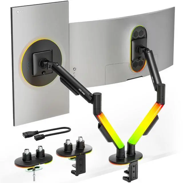 Main image of RGB Dual Monitor Arm Desk Mount for 17-35 inches Flat and Curved Monitors, Holds 26.5 Heavy Duty, Adjustable Computer Dual Monitor Mount with Clamp & Grommet Base, 75/100 VESA Mount, Black