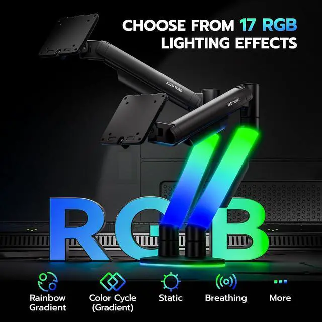 Alt view image 2 of 7 - RGB Dual Monitor Arm Desk Mount for 17-35 inches Flat and Curved Monitors, Holds 26.5 Heavy Duty, Adjustable Computer Dual Monitor Mount with Clamp & Grommet Base, 75/100 VESA Mount, Black