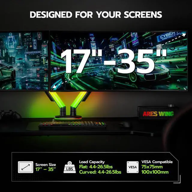 Alt view image 3 of 7 - RGB Dual Monitor Arm Desk Mount for 17-35 inches Flat and Curved Monitors, Holds 26.5 Heavy Duty, Adjustable Computer Dual Monitor Mount with Clamp & Grommet Base, 75/100 VESA Mount, Black